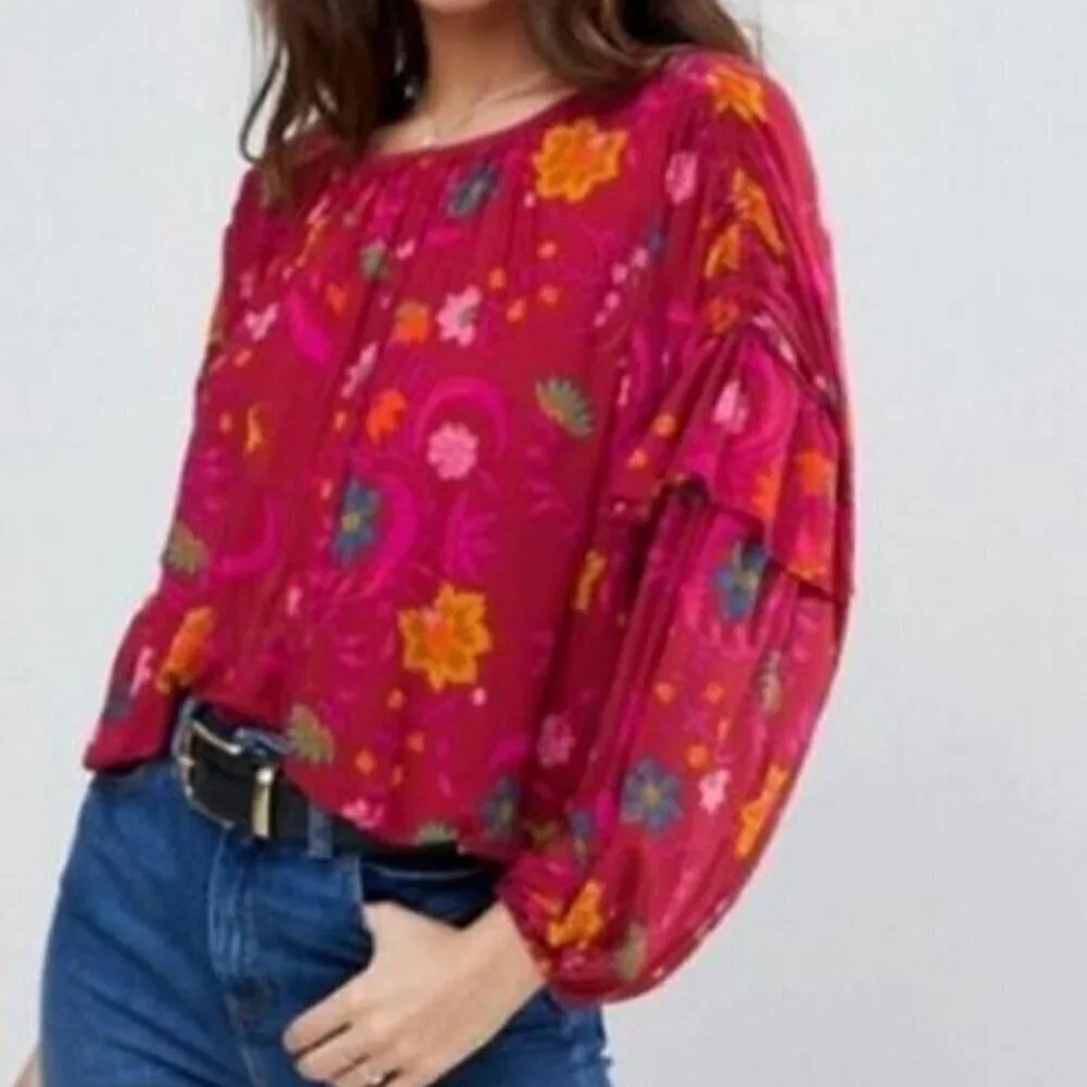 Free People Wildflower Honey Blouson Peasant Top Berry Floral Size Small